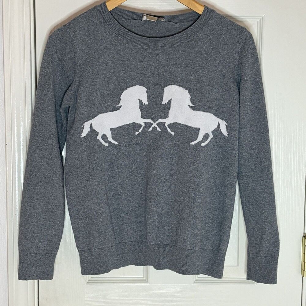 Loft Grey & White Horse Crewneck Sweater Women’s Size Medium